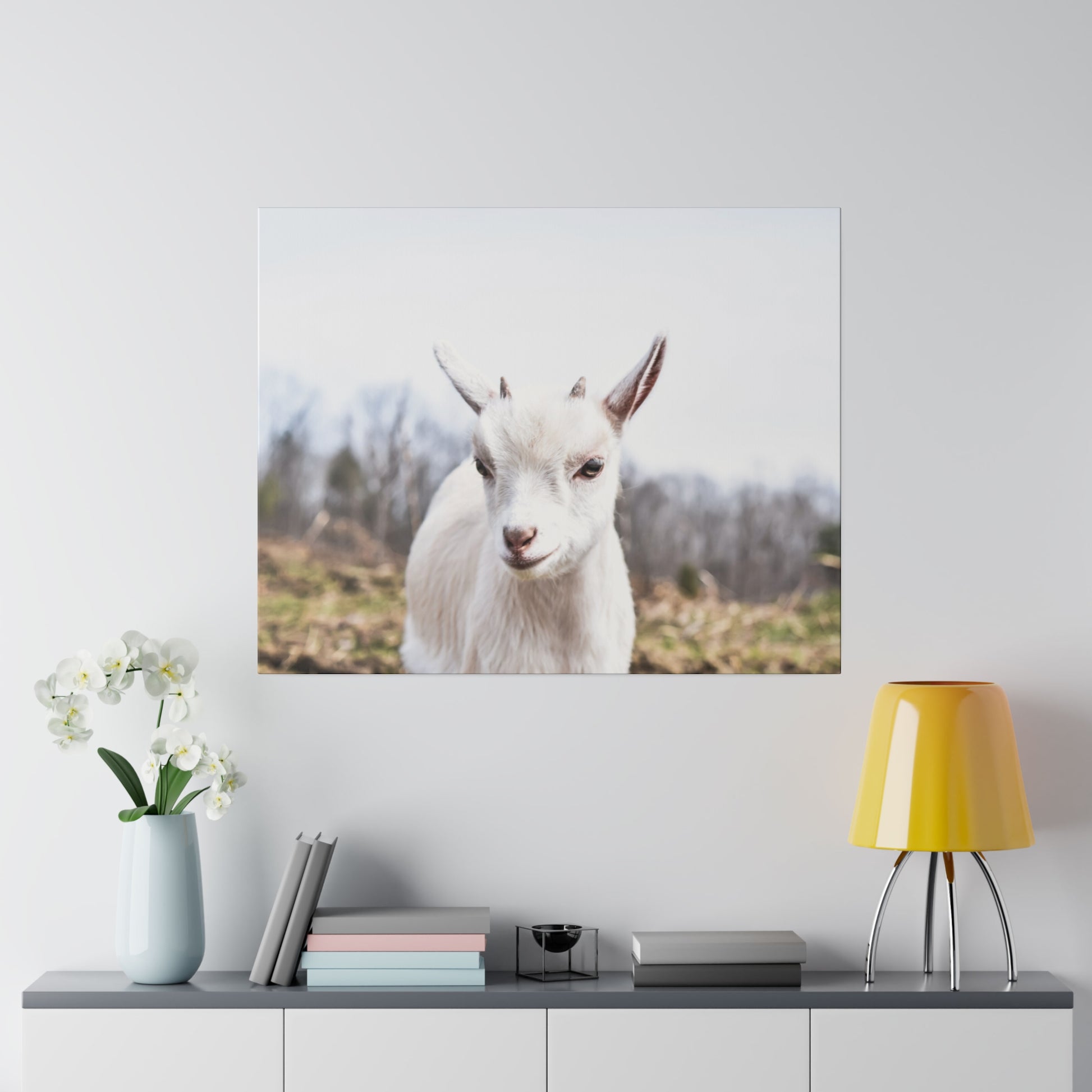 Close-up of a white goat facing the camera outdoors, printed as wall art above a cabinet with a blue vase, books, and a yellow lamp.