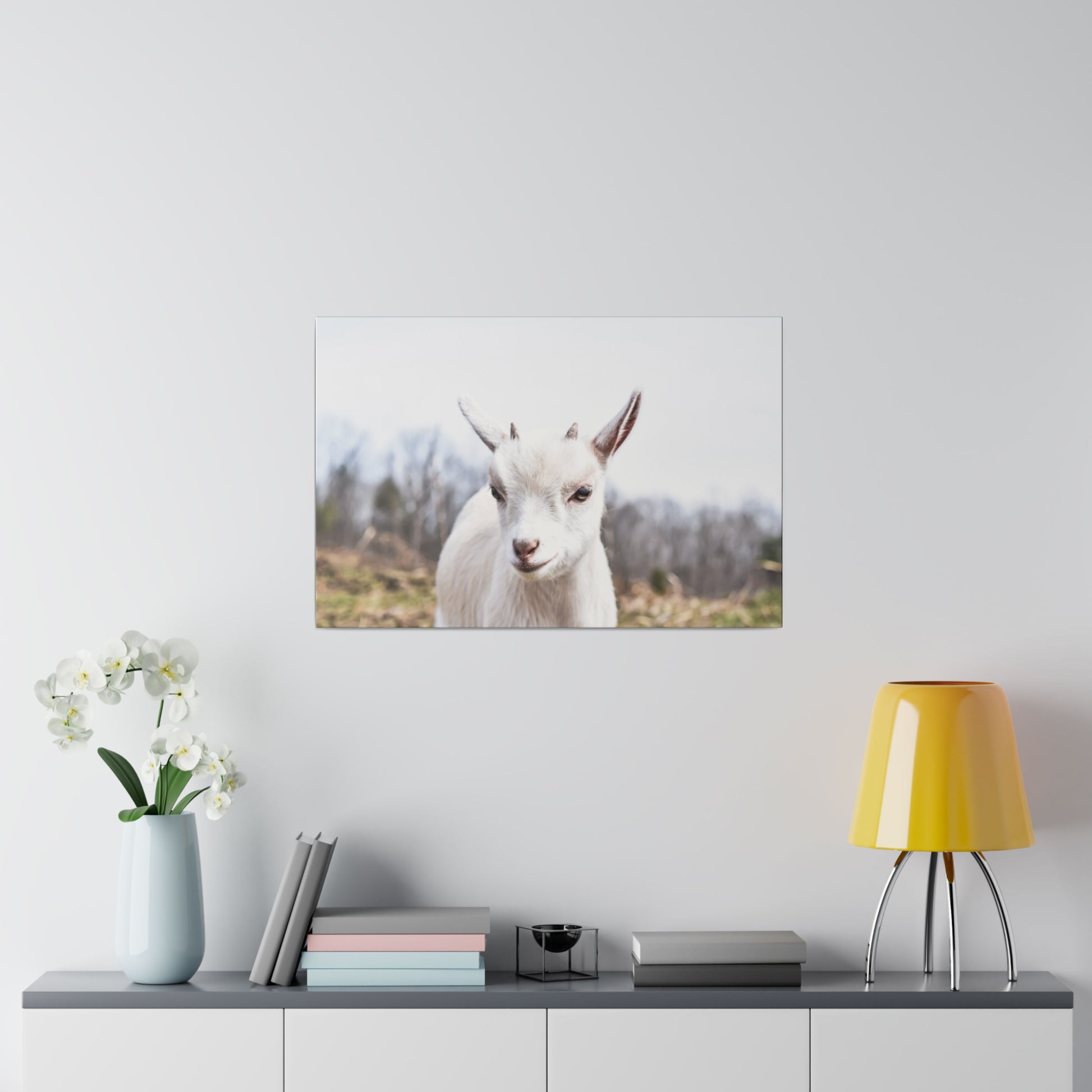 Framed photo of a white goat on a light gray wall above a console table with a vase, books, and a yellow lamp.