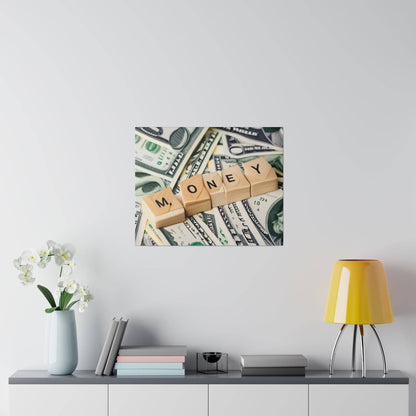 Wall art depicting wooden letter blocks spelling MONEY on a background of scattered U.S. dollar bills.