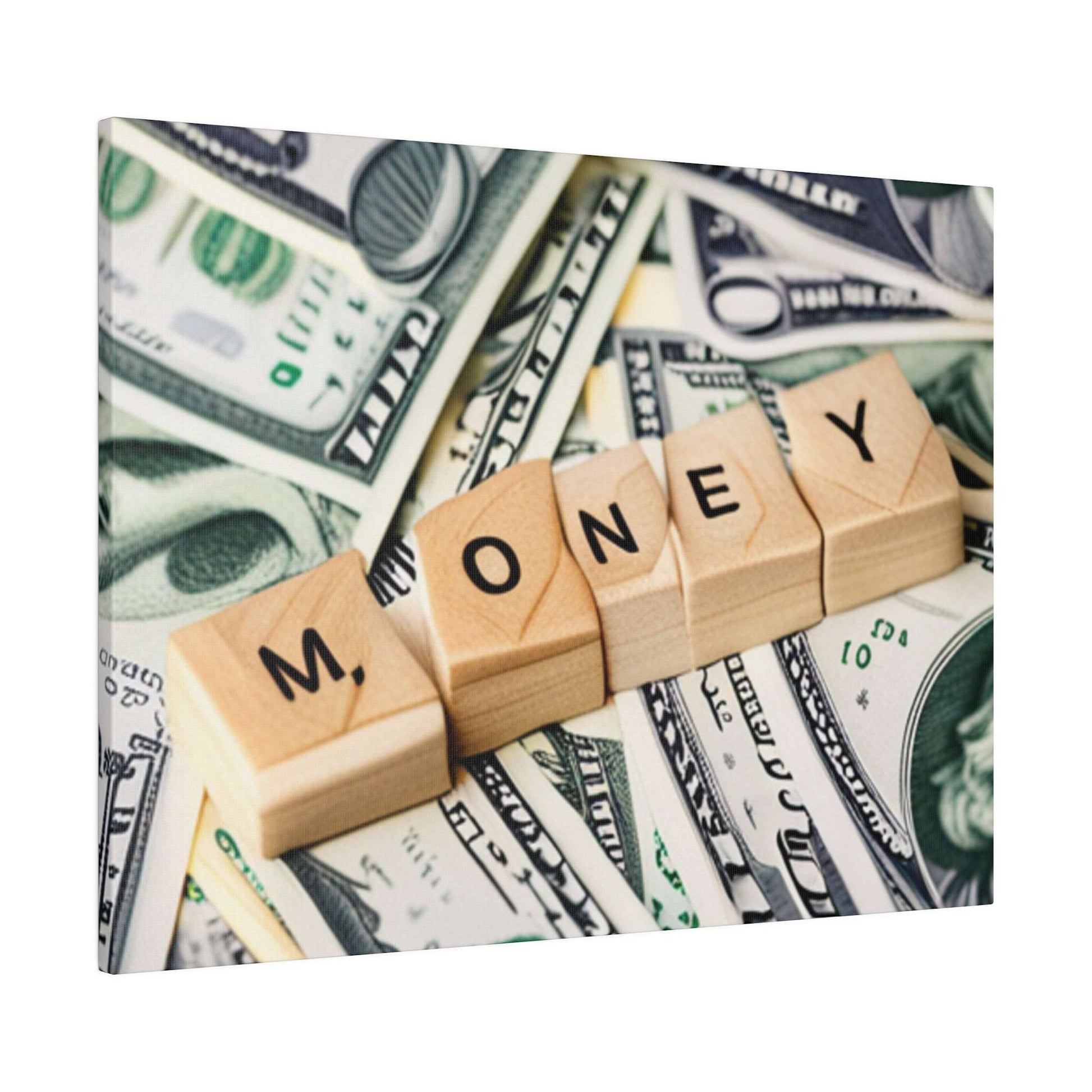 Wooden letter blocks spell “MONEY” placed on a pile of US dollar bills.