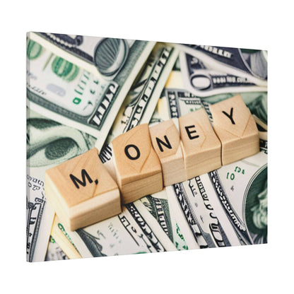 Wooden letter blocks spell “MONEY” placed on a pile of US dollar bills.