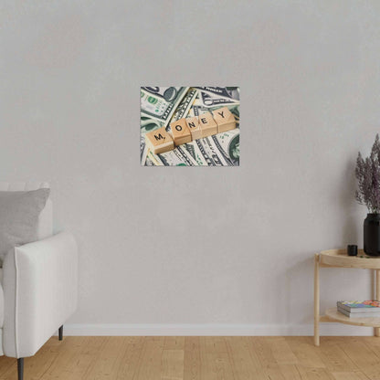 Small canvas wall art featuring dollar bills and wooden blocks spelling MONEY.