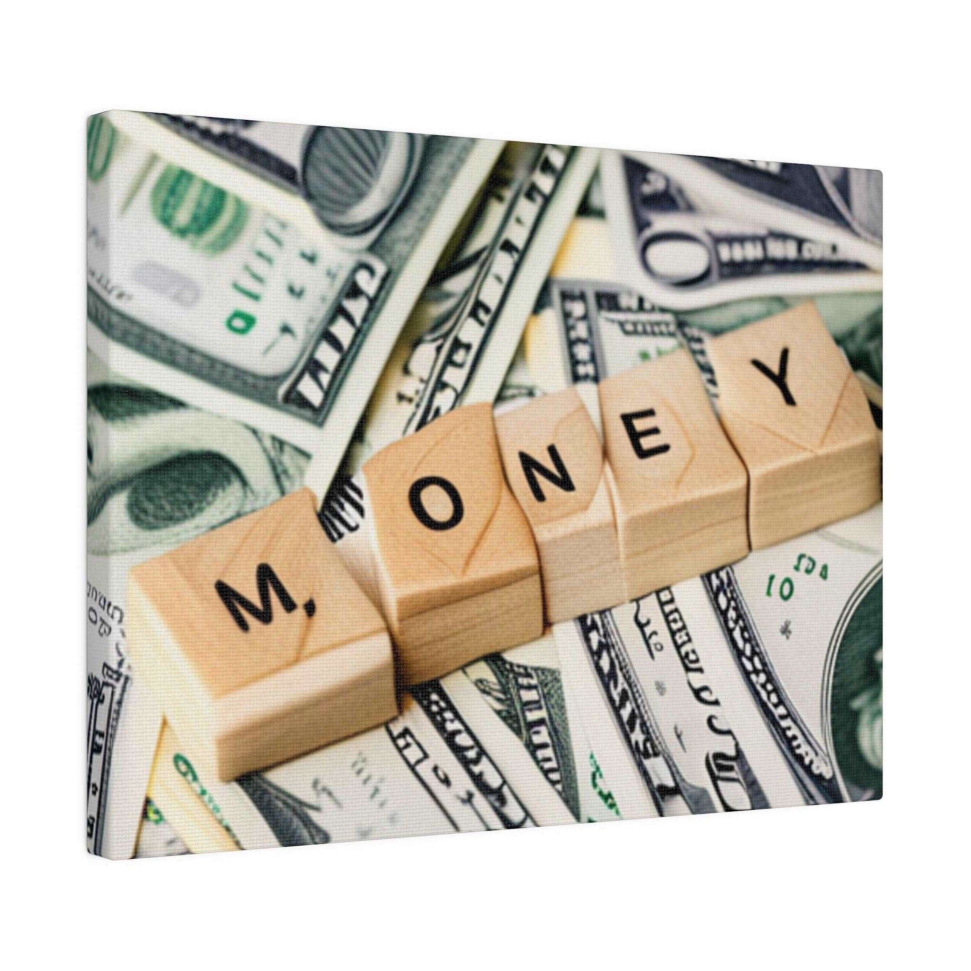 Wooden letter blocks spell “MONEY” laid over scattered US dollar bills.
