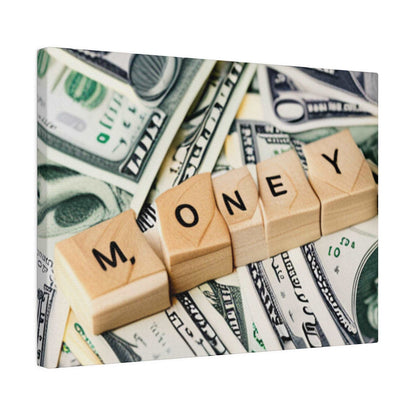 Wooden letter blocks spell “MONEY” laid over scattered US dollar bills.