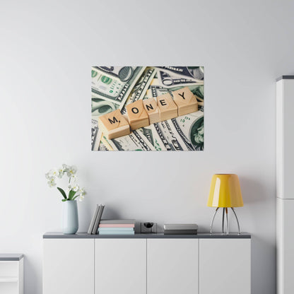 Framed wall art showing wooden letter blocks spelling MONEY atop scattered U.S. dollar bills.