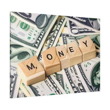 Wooden letter blocks spell MONEY laid across scattered U.S. dollar bills.