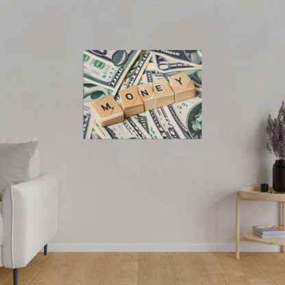Canvas wall art with wooden letter blocks spelling MONEY laid over a background of US dollar bills.
