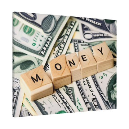 Wooden letter blocks spell MONEY laid across a spread of U.S. dollar bills.