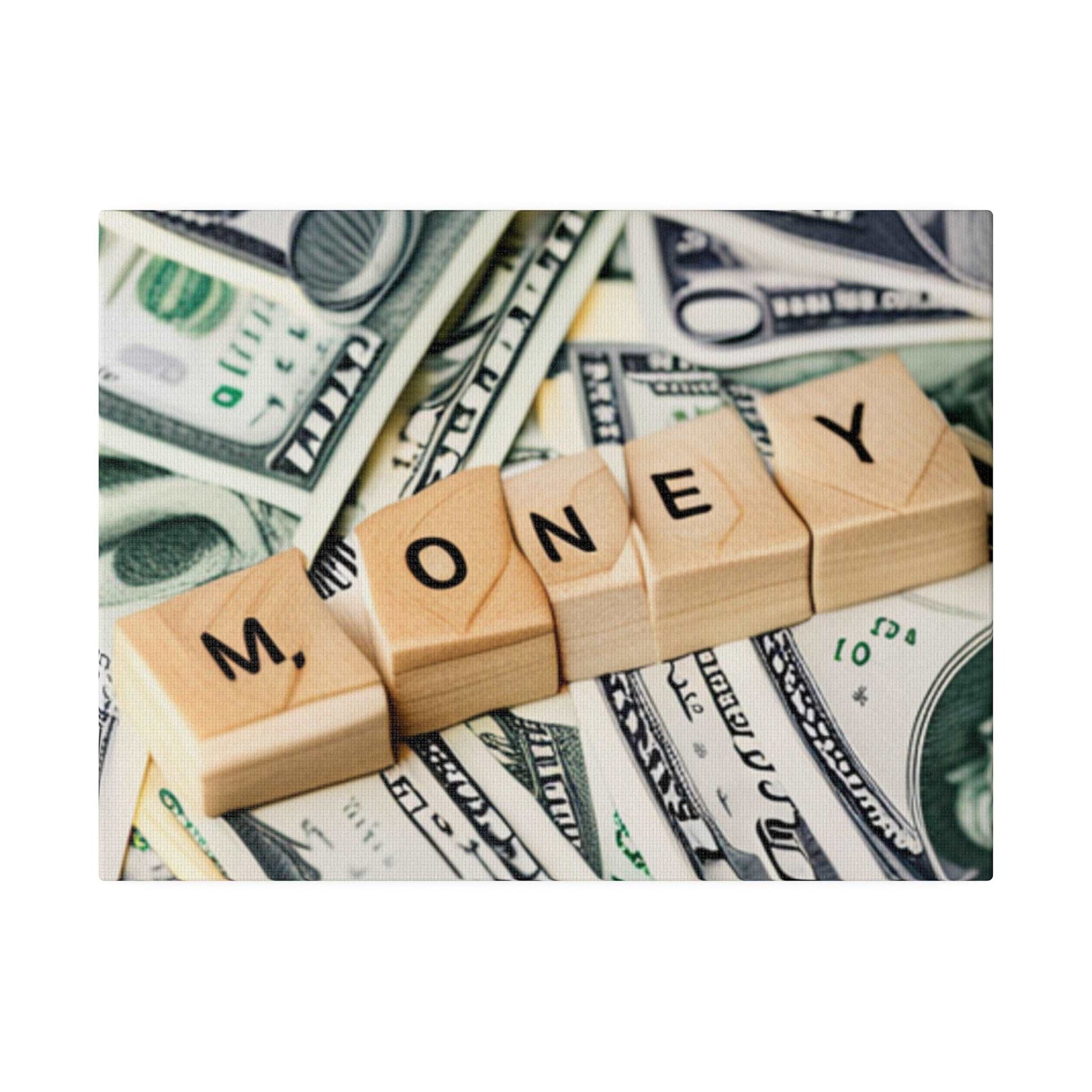 Wooden letter blocks spell MONEY atop a pile of assorted U.S. hundred-dollar bills.