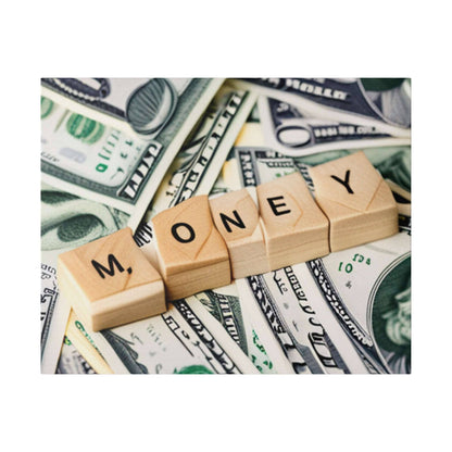Four wooden alphabet blocks spelling MONEY placed on a pile of US dollar bills.