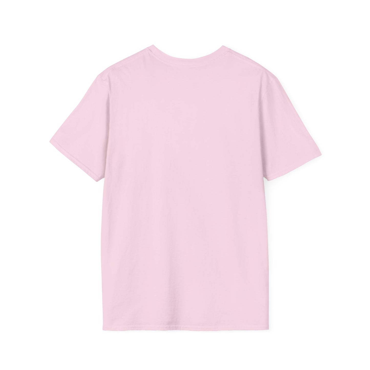 Back view of a pastel pink short-sleeve T-shirt laid flat, showing plain solid color.