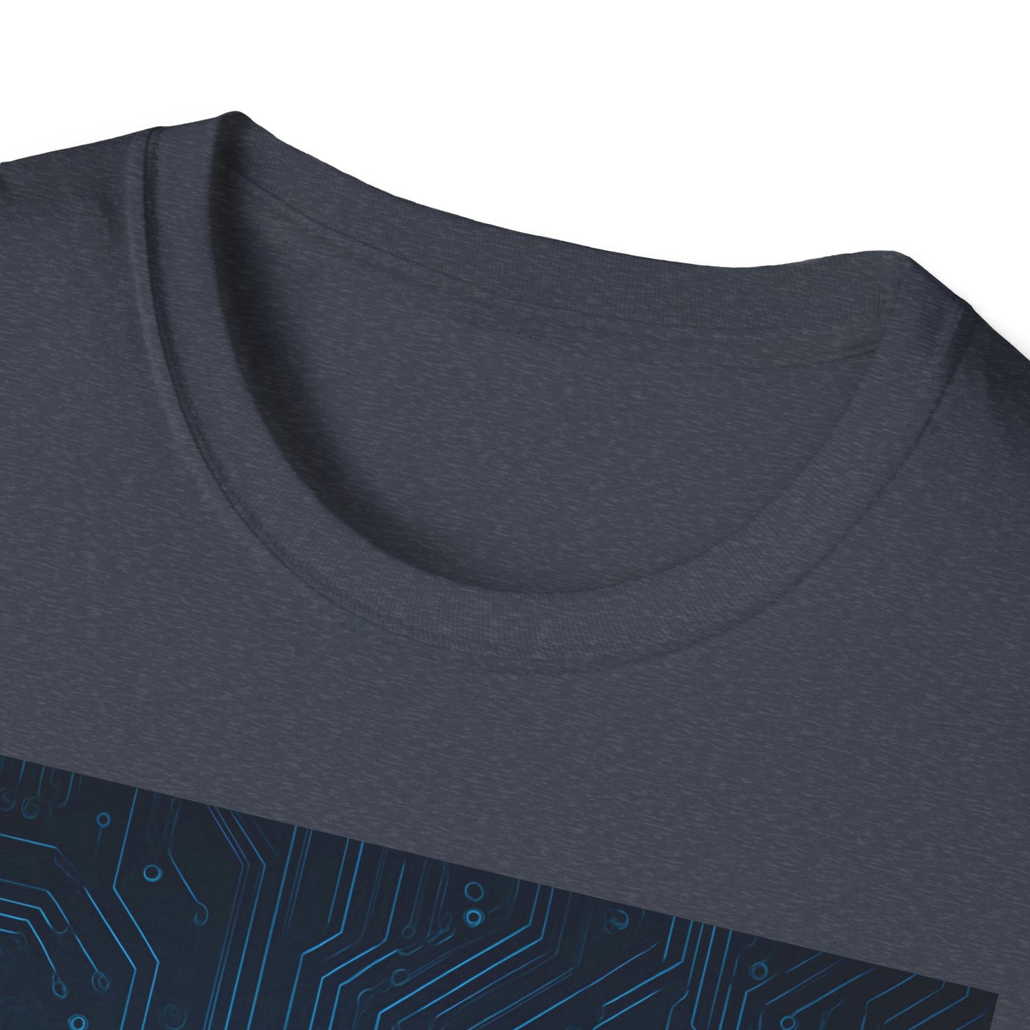 Close-up of a dark blue heather crewneck T-shirt with a blue circuit board pattern along the lower edge.