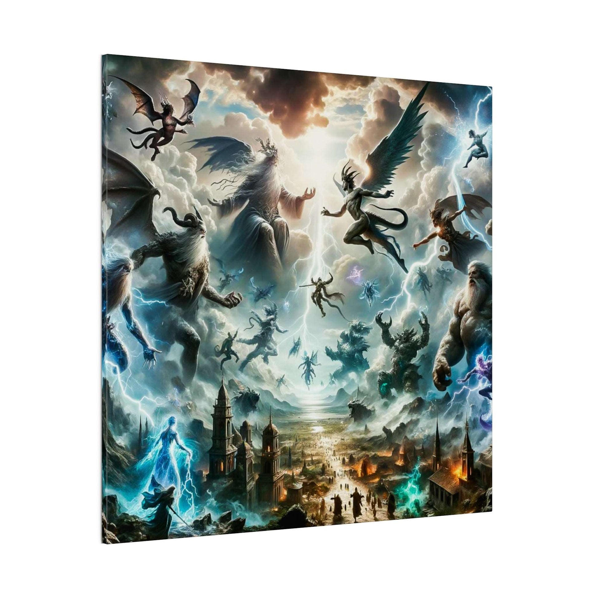 Epic mythological battle scene on a canvas: winged gods and monsters clash above a medieval city in stormy skies.