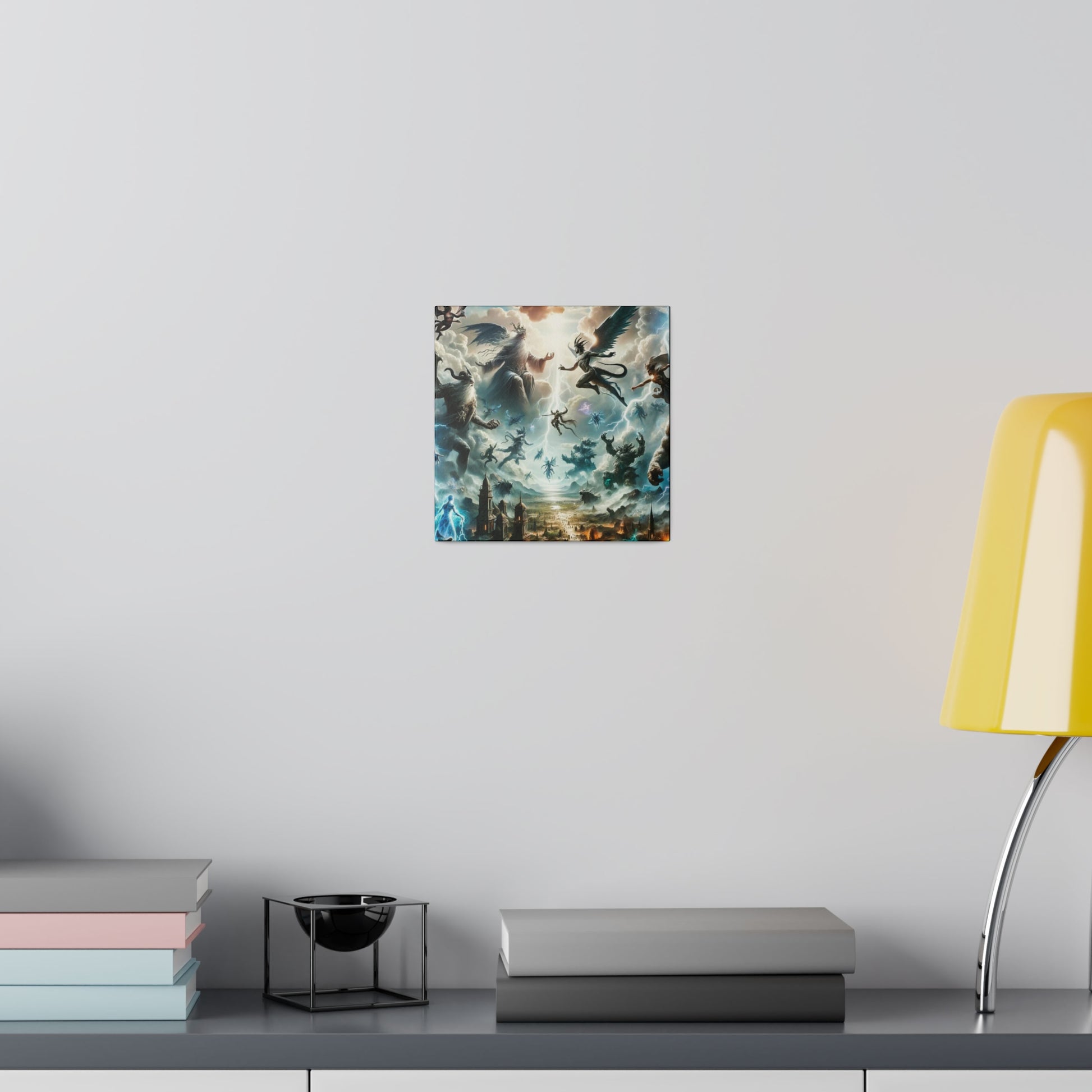 Small square painting on a light gray wall depicting a chaotic fantasy battle with winged figures and dark clouds.
