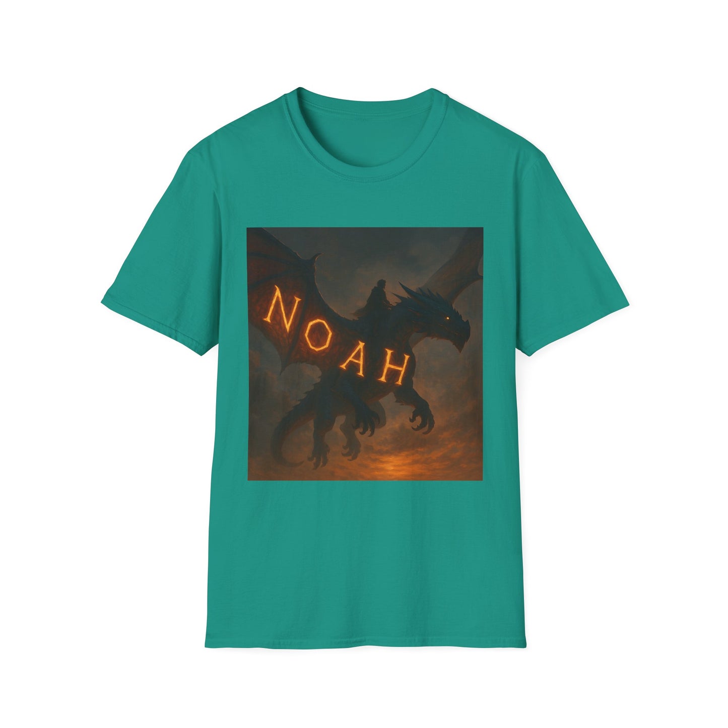 Teal T-shirt with a square graphic of a dark dragon against a fiery background and glowing NOAH letters.