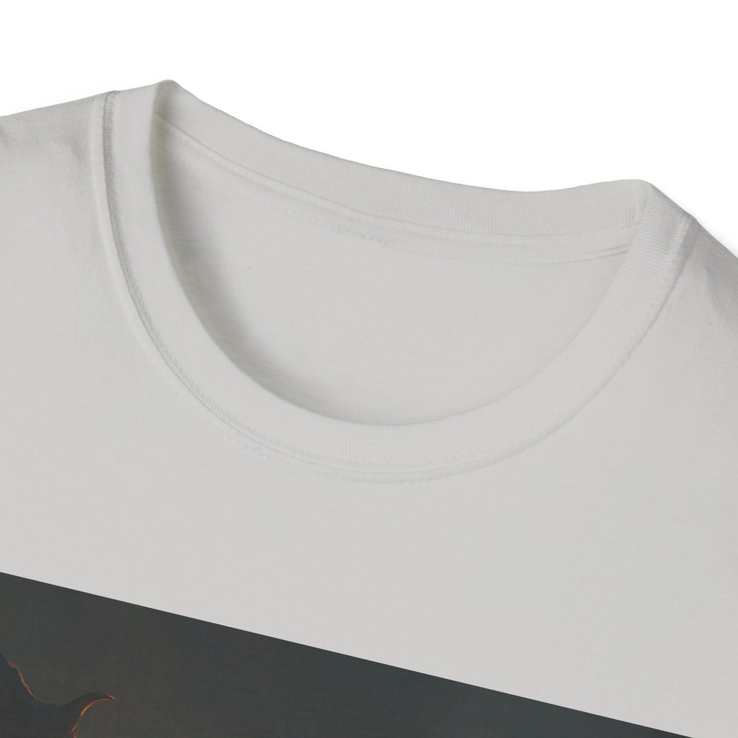 Close-up of a white crew-neck T-shirt showing a ribbed collar and stitched neckline.