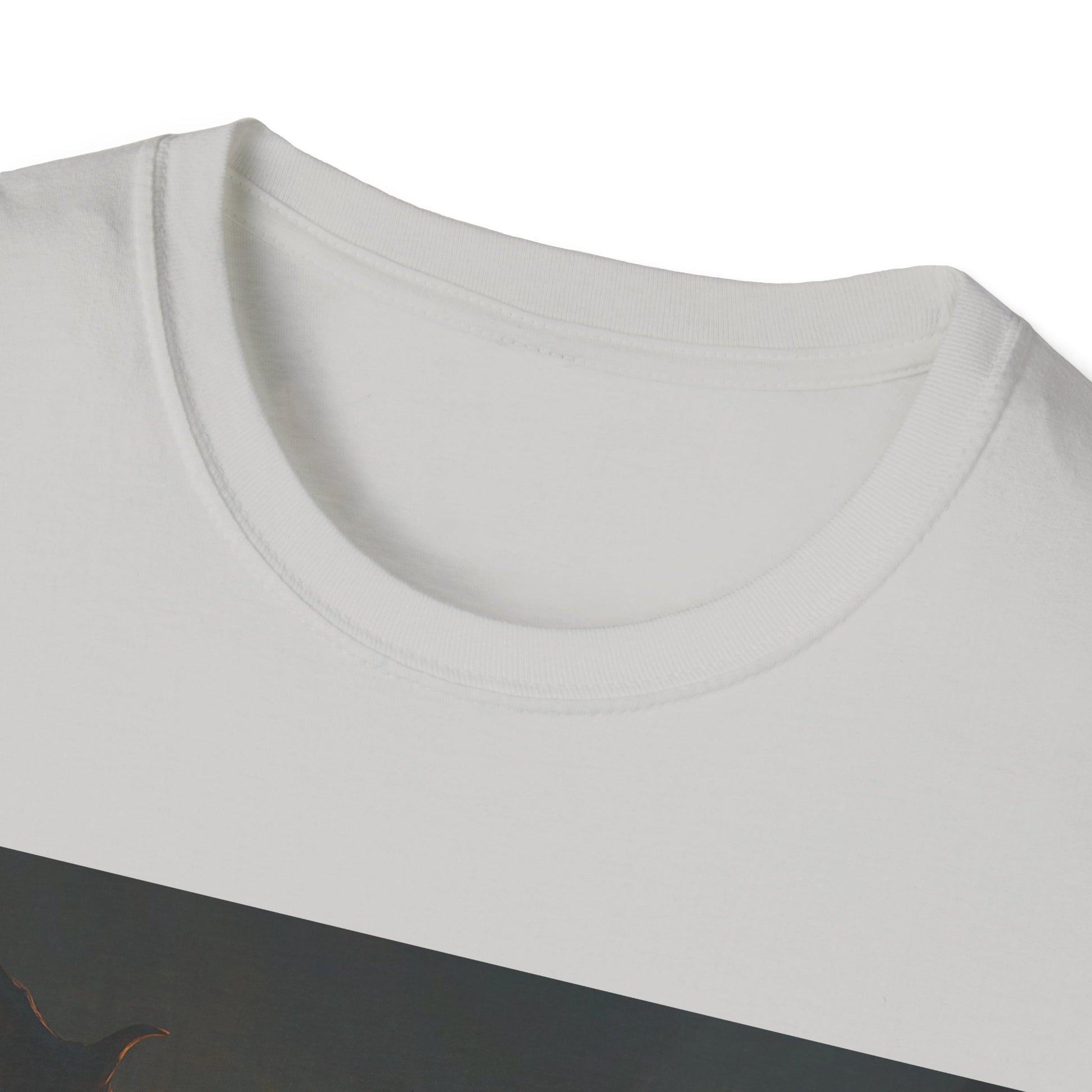 Close-up of a white crew-neck T-shirt showing a ribbed collar and stitched neckline.
