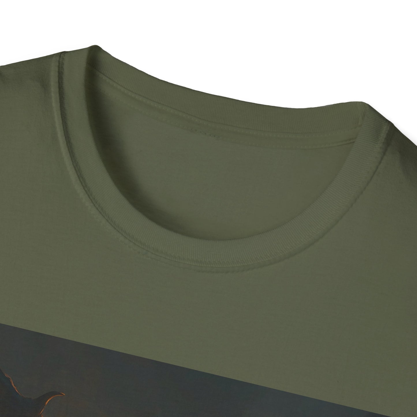 Olive green crewneck T-shirt neckline with ribbed collar and visible knit fabric.