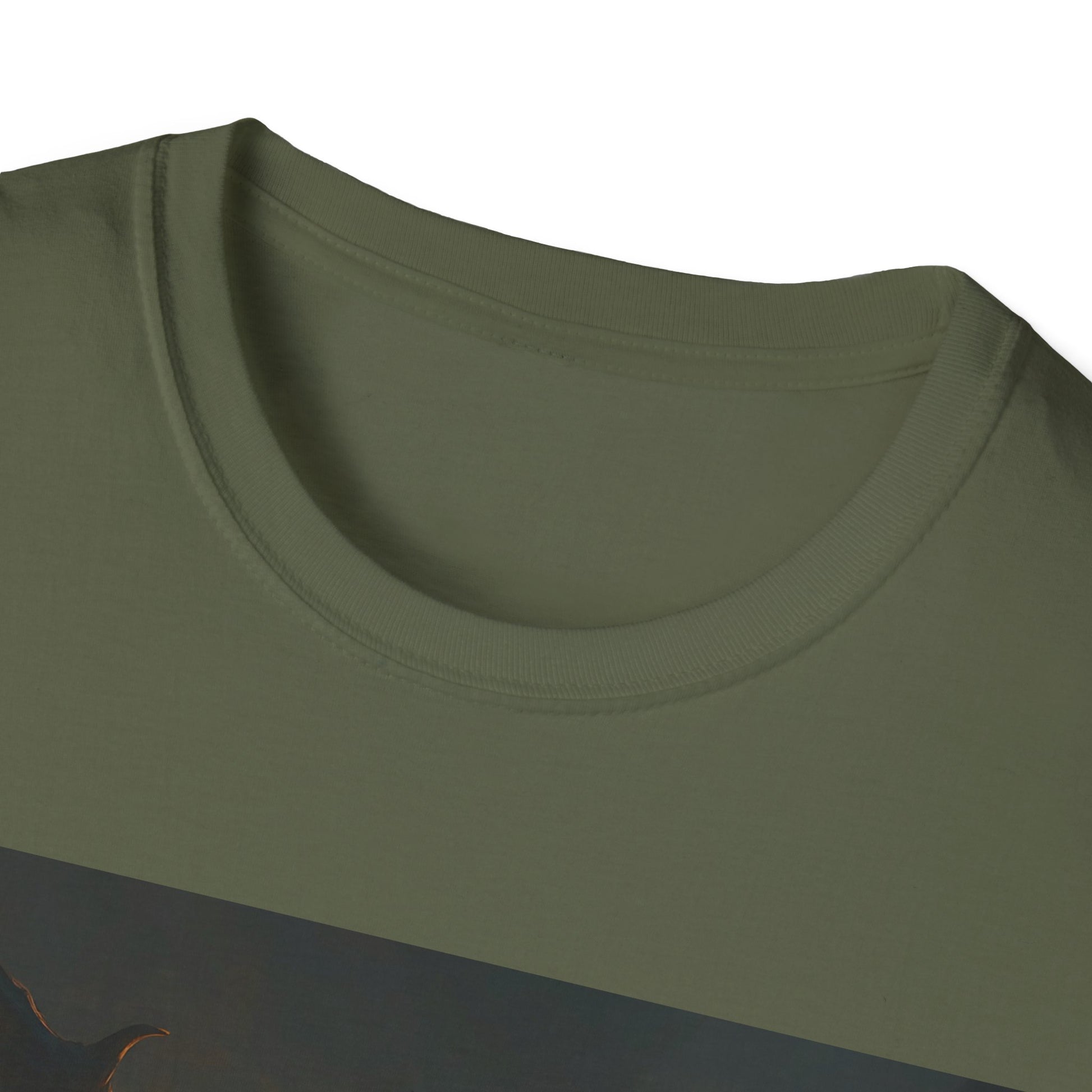 Olive green crewneck T-shirt neckline with ribbed collar and visible knit fabric.