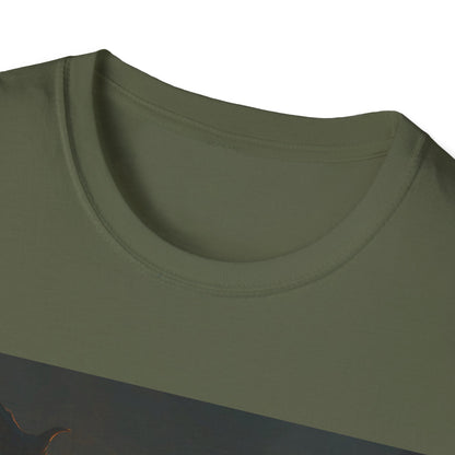 Olive green crewneck T-shirt neckline with ribbed collar and visible knit fabric.