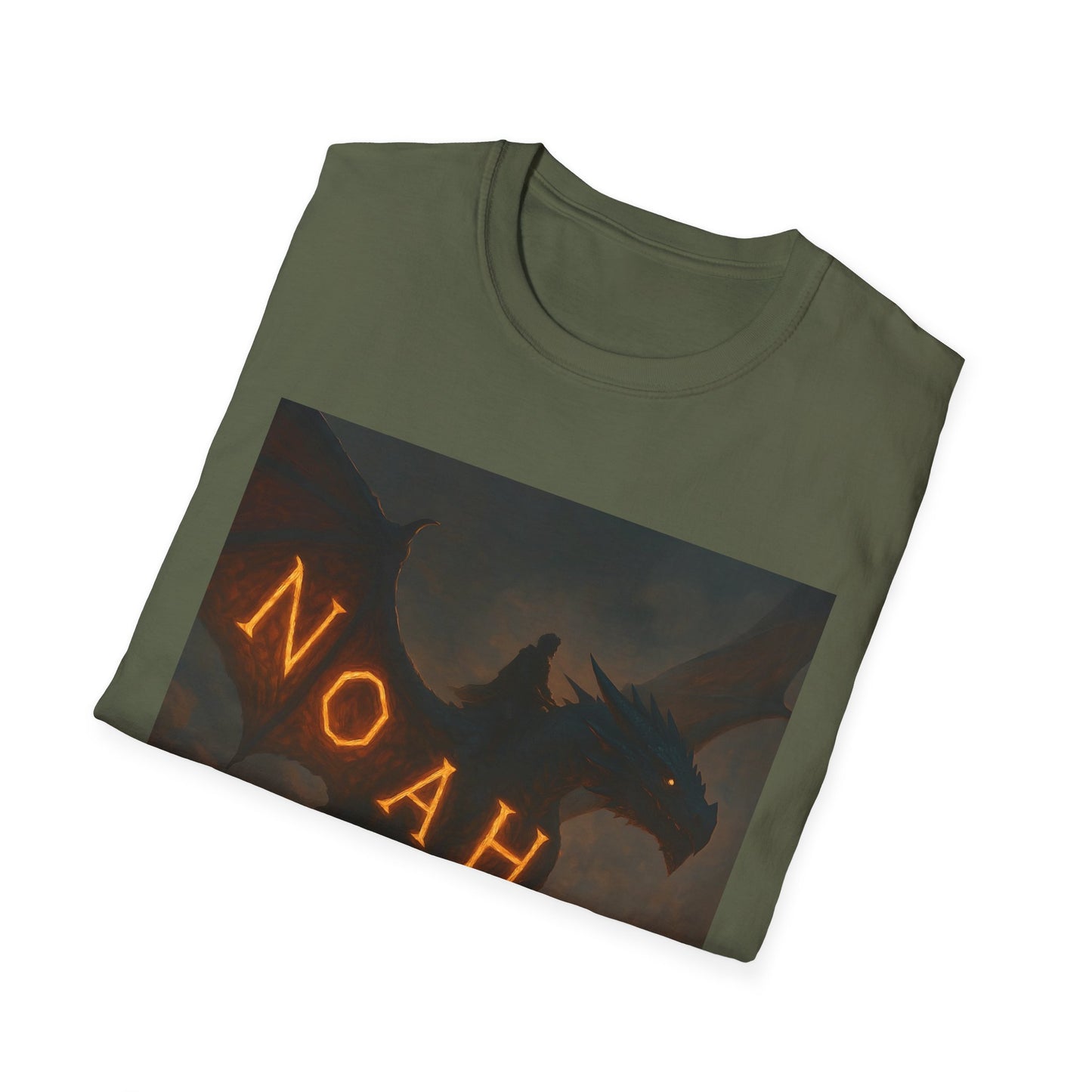 Olive green T-shirt folded flat with a rectangular graphic of a dark dragon and glowing orange runes along its side.