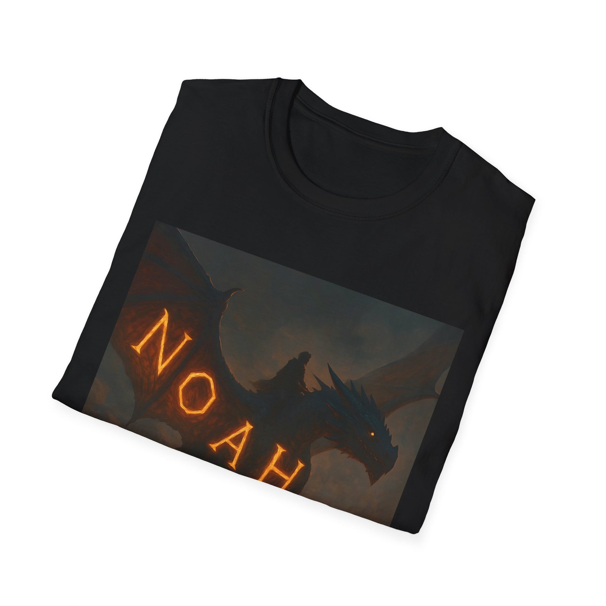 Black t-shirt with a rectangular fantasy scene featuring a dark dragon and glowing orange rune-like letters.