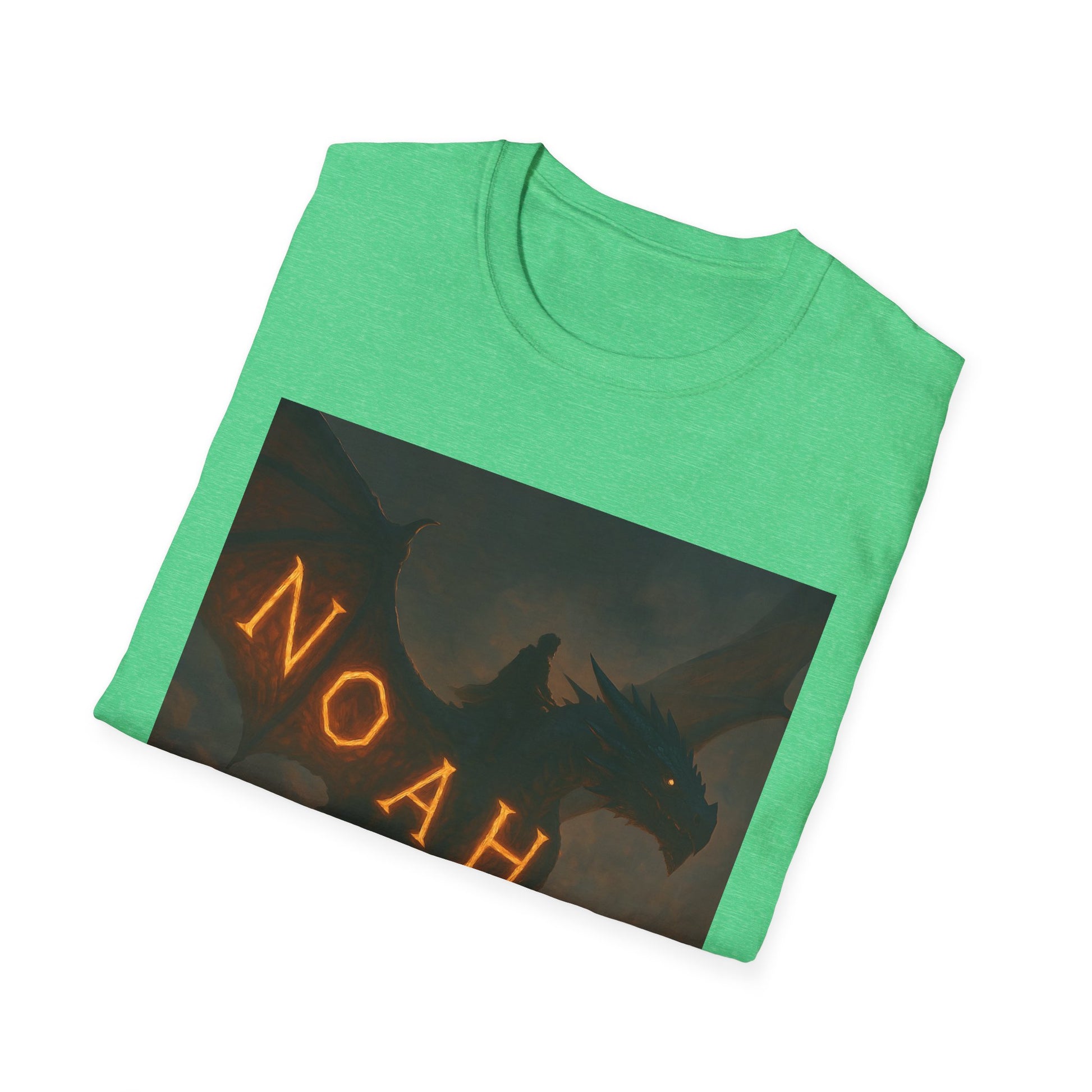 Bright green short-sleeve t-shirt featuring a dark fantasy dragon graphic with glowing orange runes forming the word NOAH.