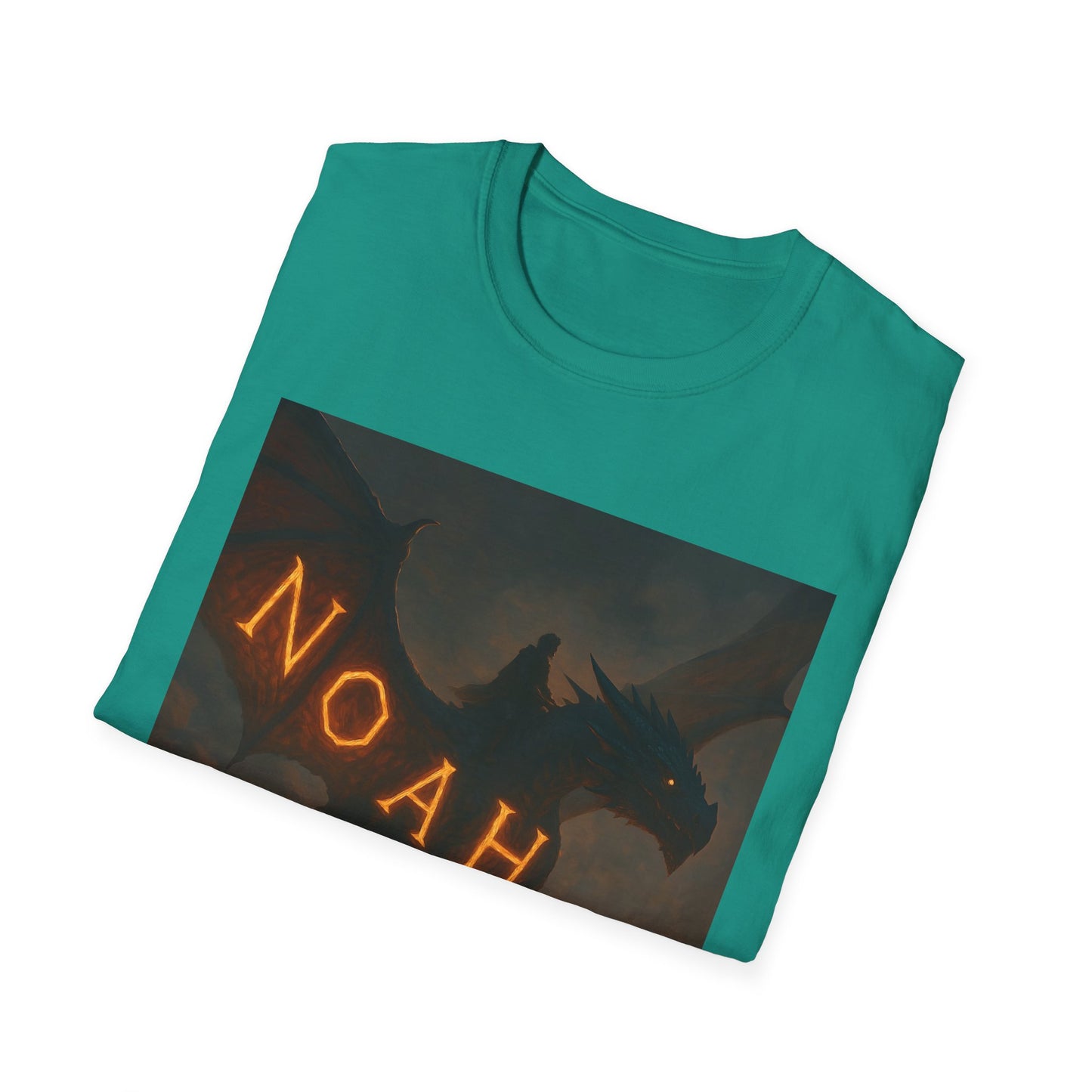 Teal T-shirt with a rectangular print showing a dark dragon silhouette and glowing orange runes along its left edge.