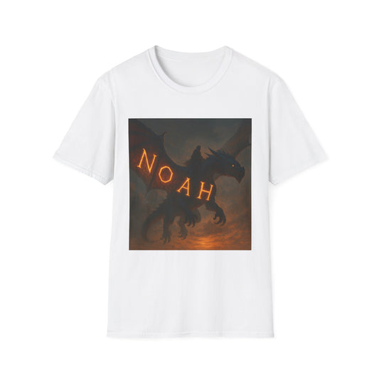 White T-shirt with a dark dragon silhouette against a fiery sky and glowing orange letters spelling NOAH.