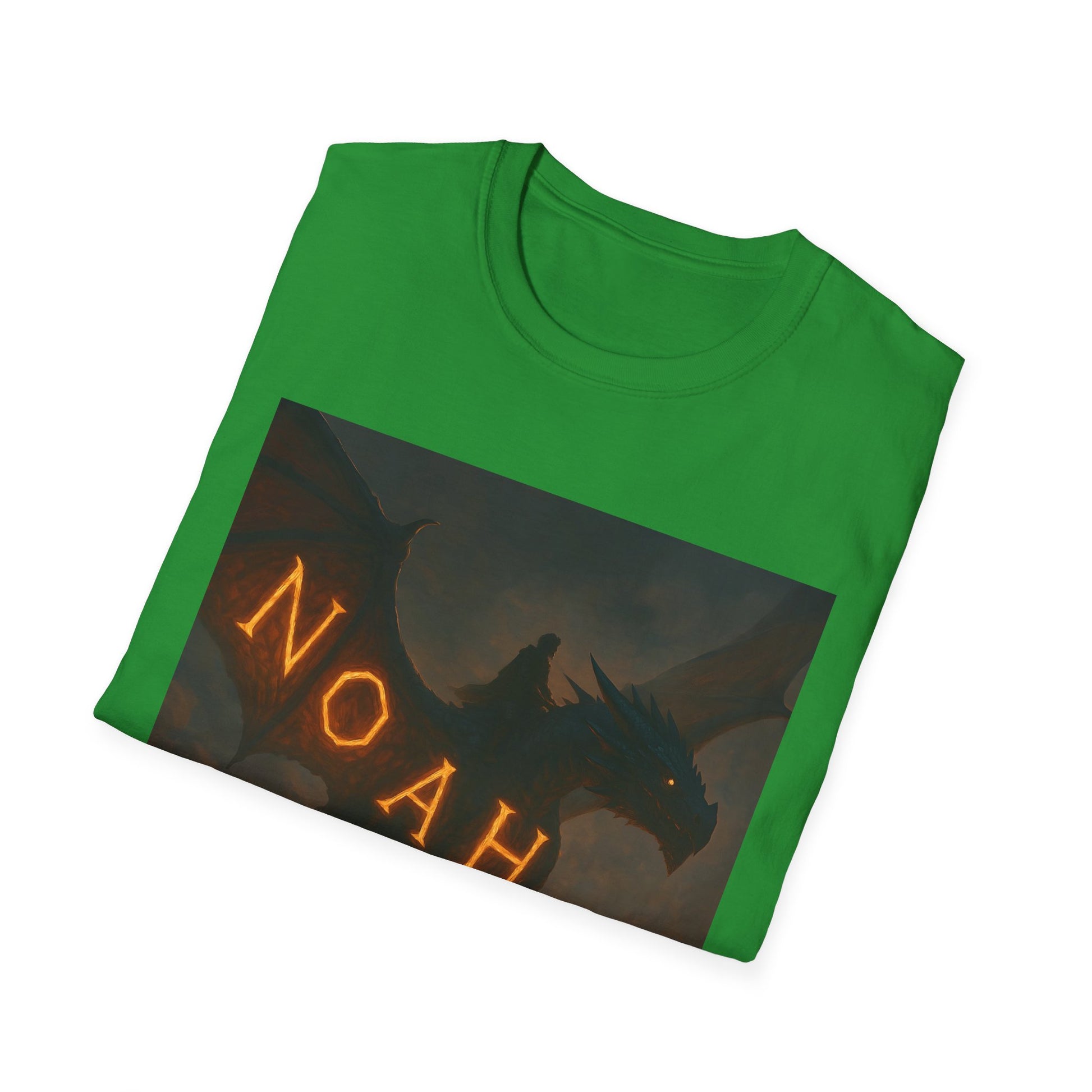 Green short-sleeve t-shirt with a dark dragon illustration and glowing orange runes along its body.