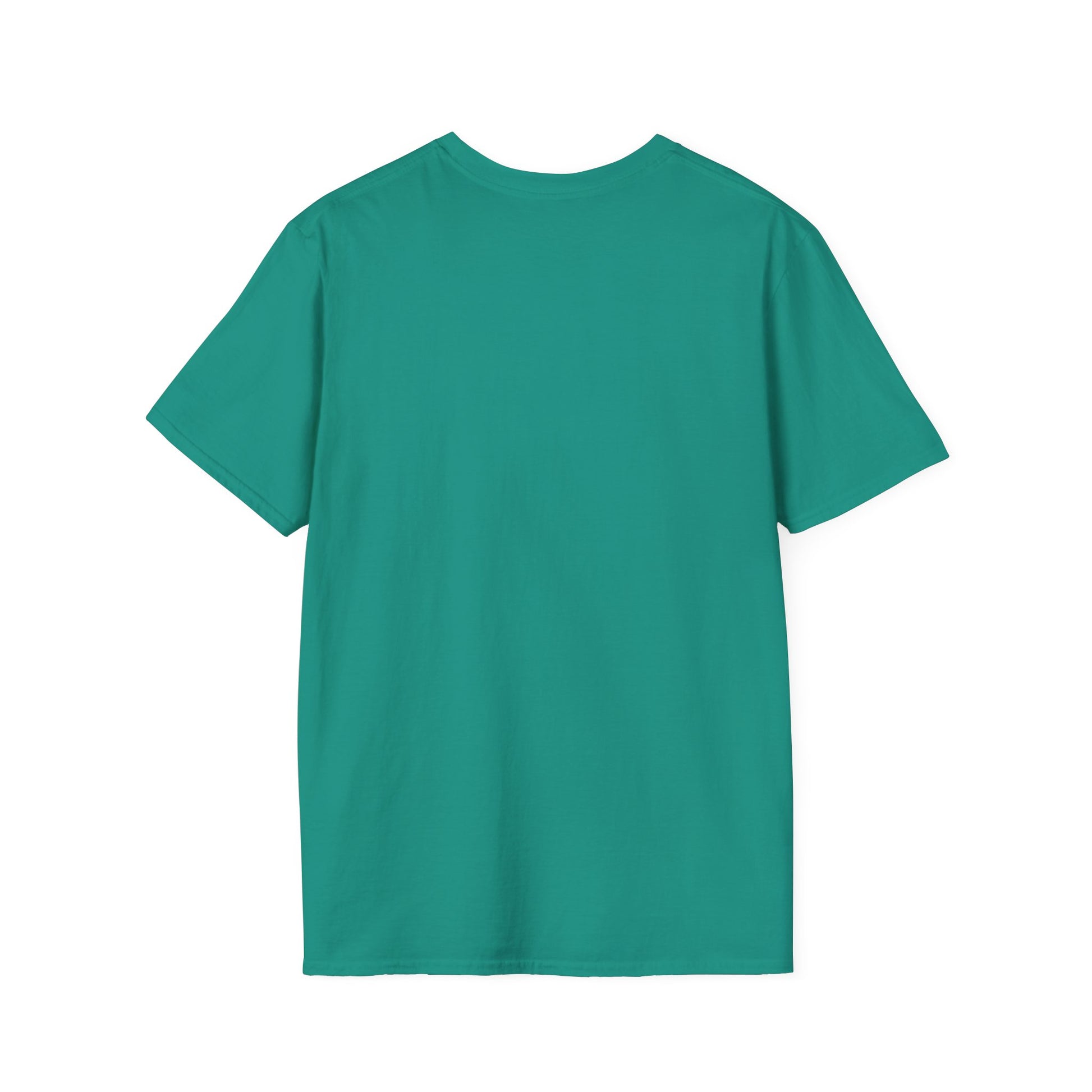 Back view of a plain teal-green short-sleeve T-shirt, knit fabric with round neckline.
