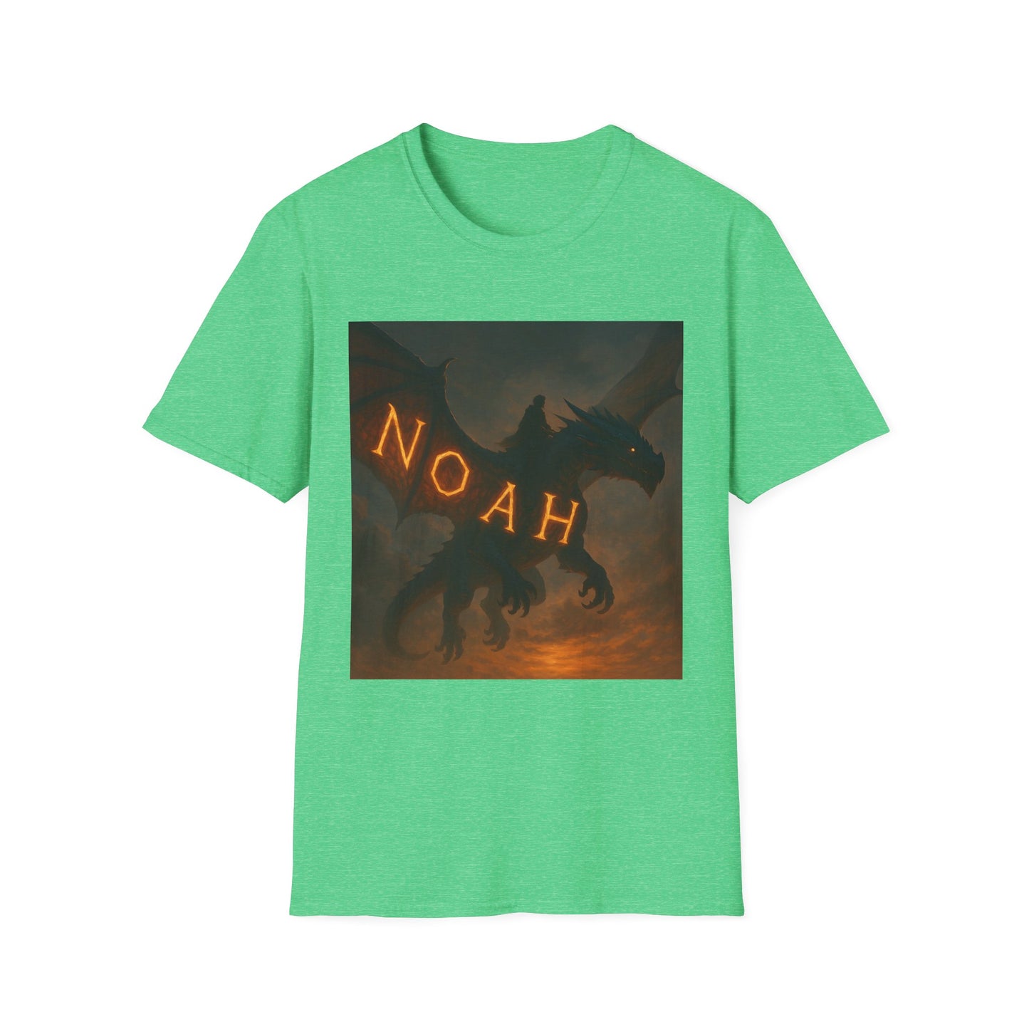 Green heather t-shirt featuring a square front graphic of a dark dragon with glowing orange letters spelling NOAH.