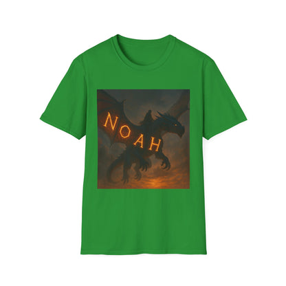 Green short-sleeve t-shirt with a dark dragon silhouette against a fiery background and glowing NOAH letters along its wing.