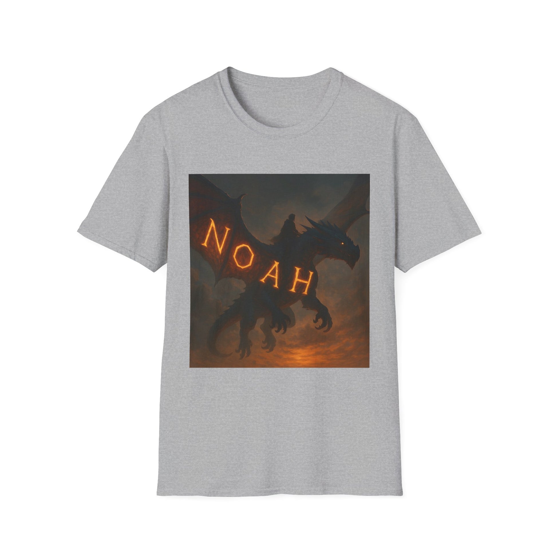Grey crewneck T-shirt featuring a dark dragon silhouette on a fiery orange background with the word NOAH in glowing orange runes across