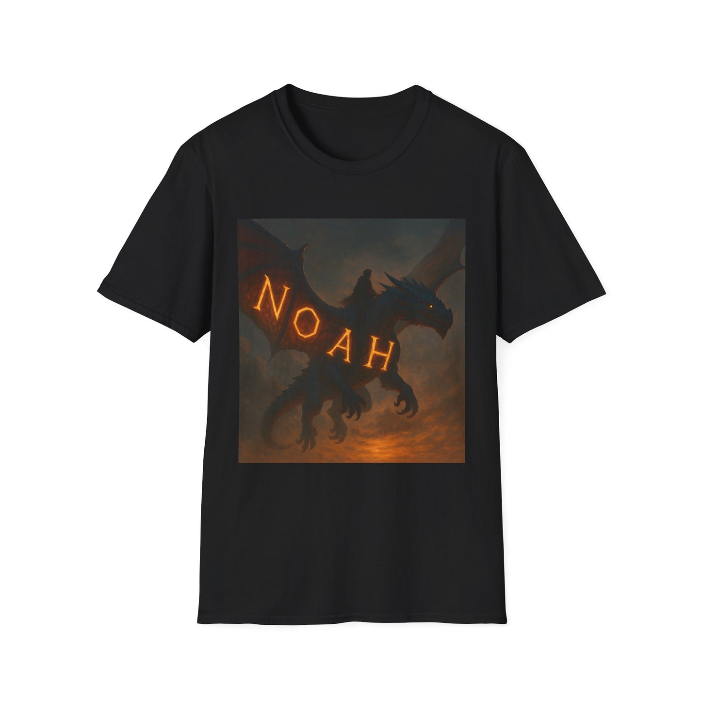Black short-sleeve T-shirt with a square graphic of a dark dragon flying over flames, neon-orange 'NOAH' letters.