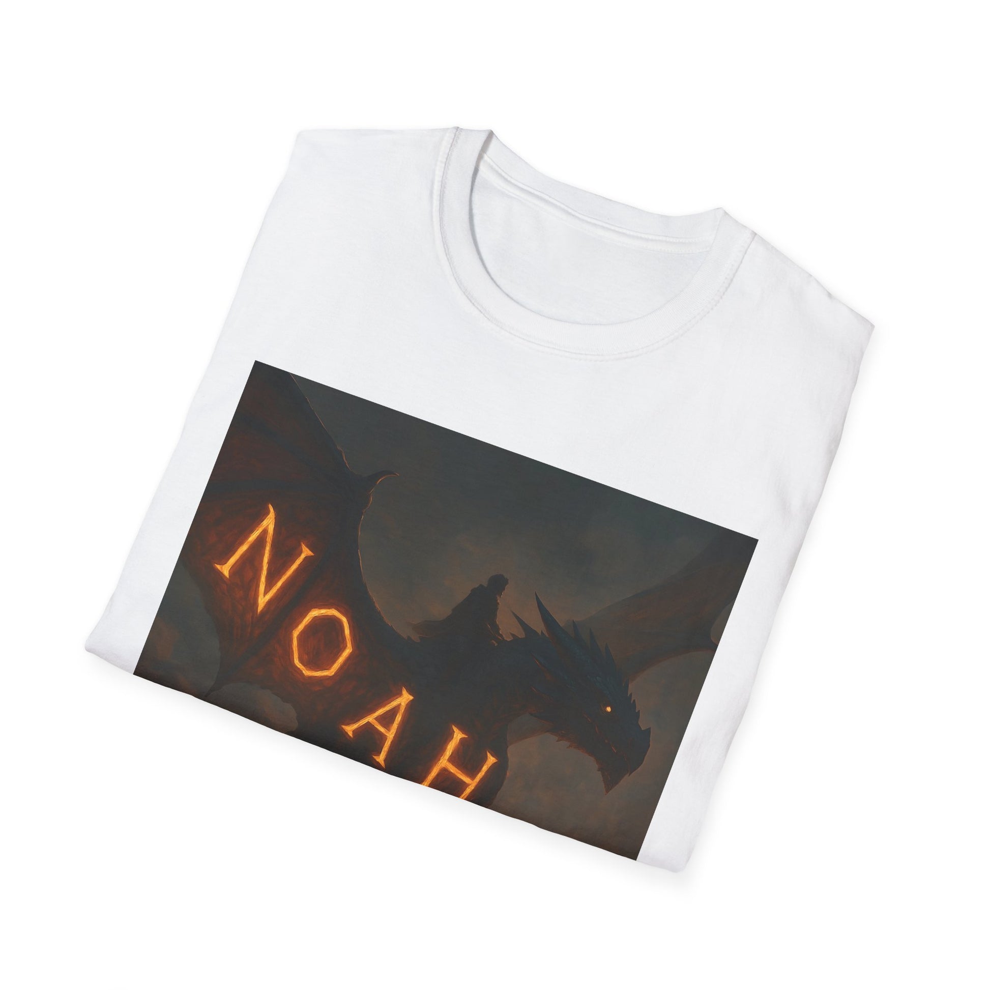 White T-shirt featuring a large rectangular graphic of a dark dragon silhouette with glowing orange runic letters along its left side.