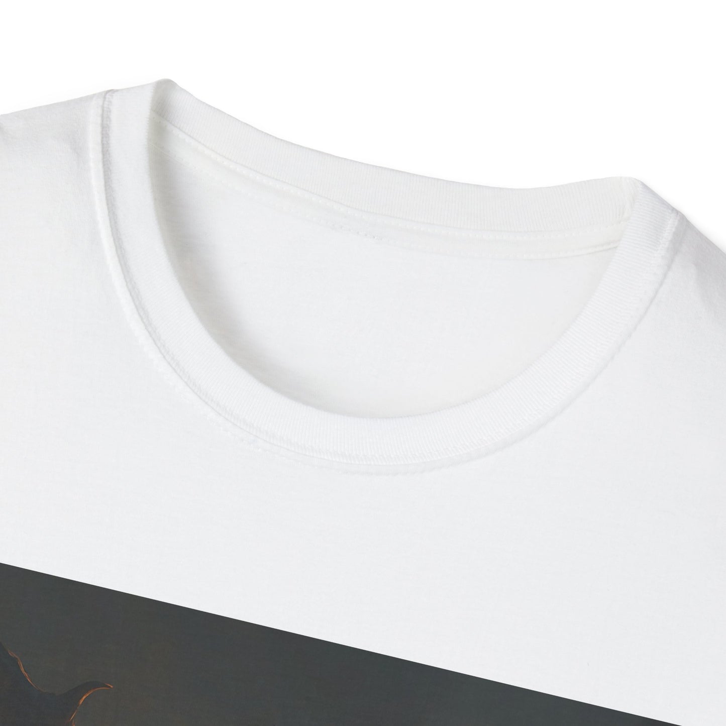Close-up of a white crewneck T-shirt with a diagonal dark graphic print.