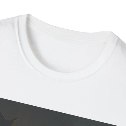 Close-up of a white crewneck T-shirt with a diagonal dark graphic print.