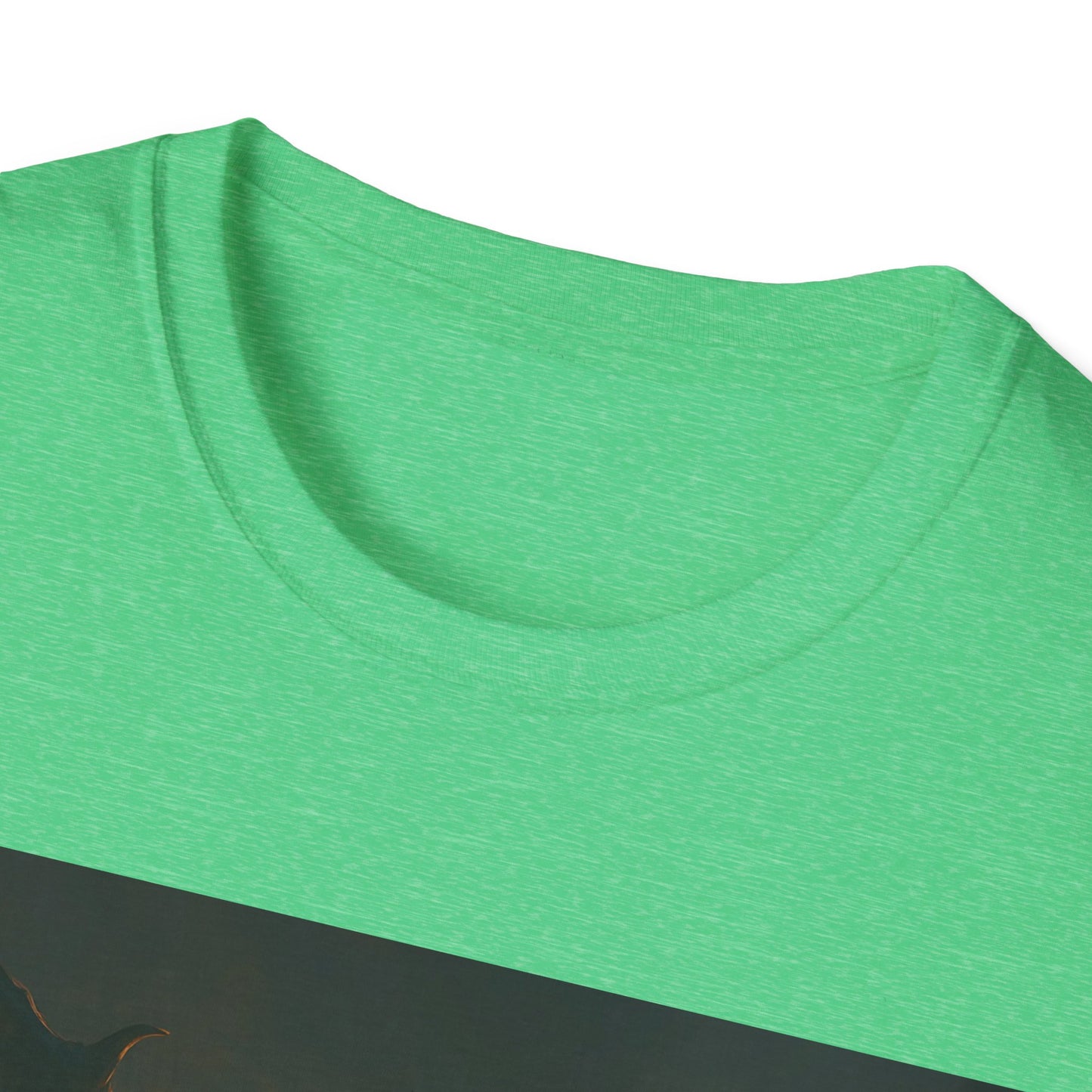 Close-up of a bright green heathered t-shirt neckline.