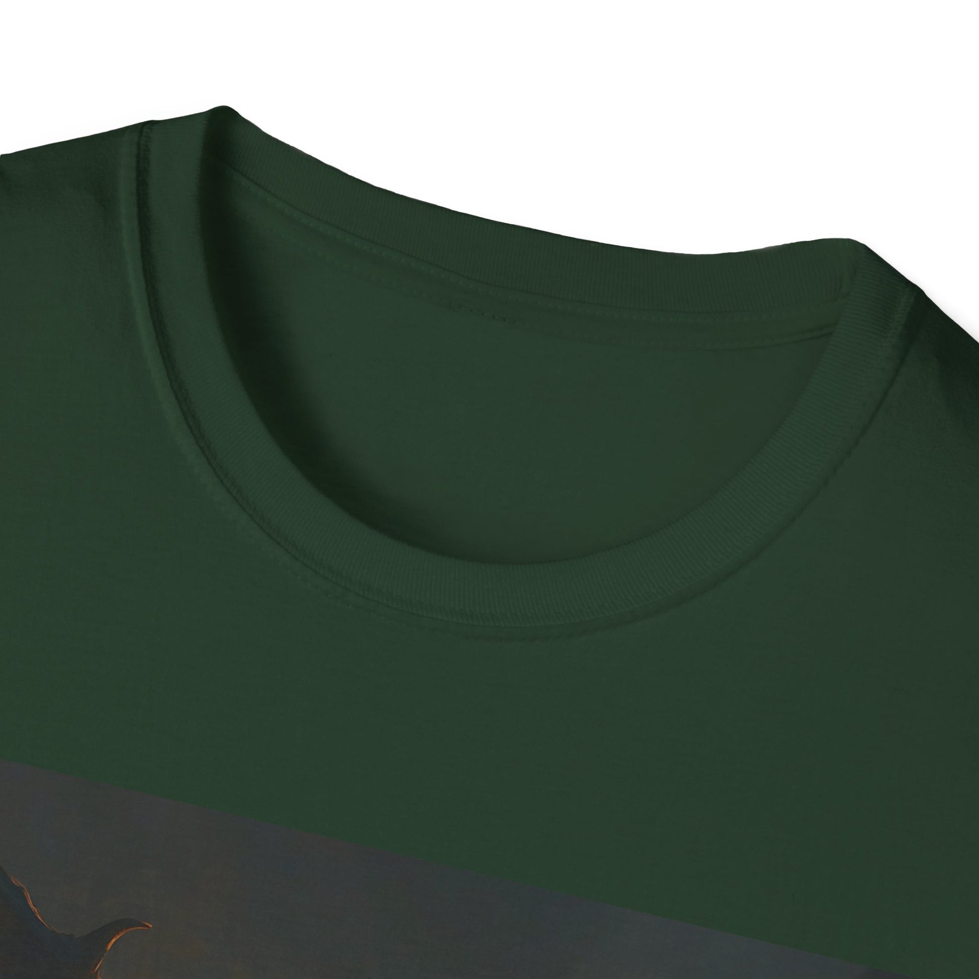 Close-up of a dark green crew-neck T-shirt, showing the ribbed collar and smooth fabric.