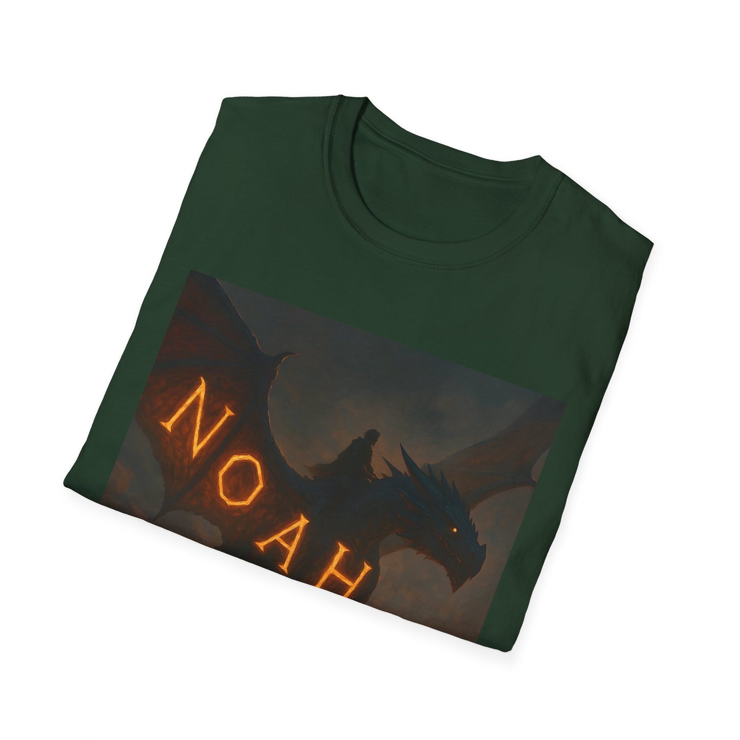 Green T-shirt with a dark dragon illustration and glowing orange runes forming the letters NOAH across its wing.