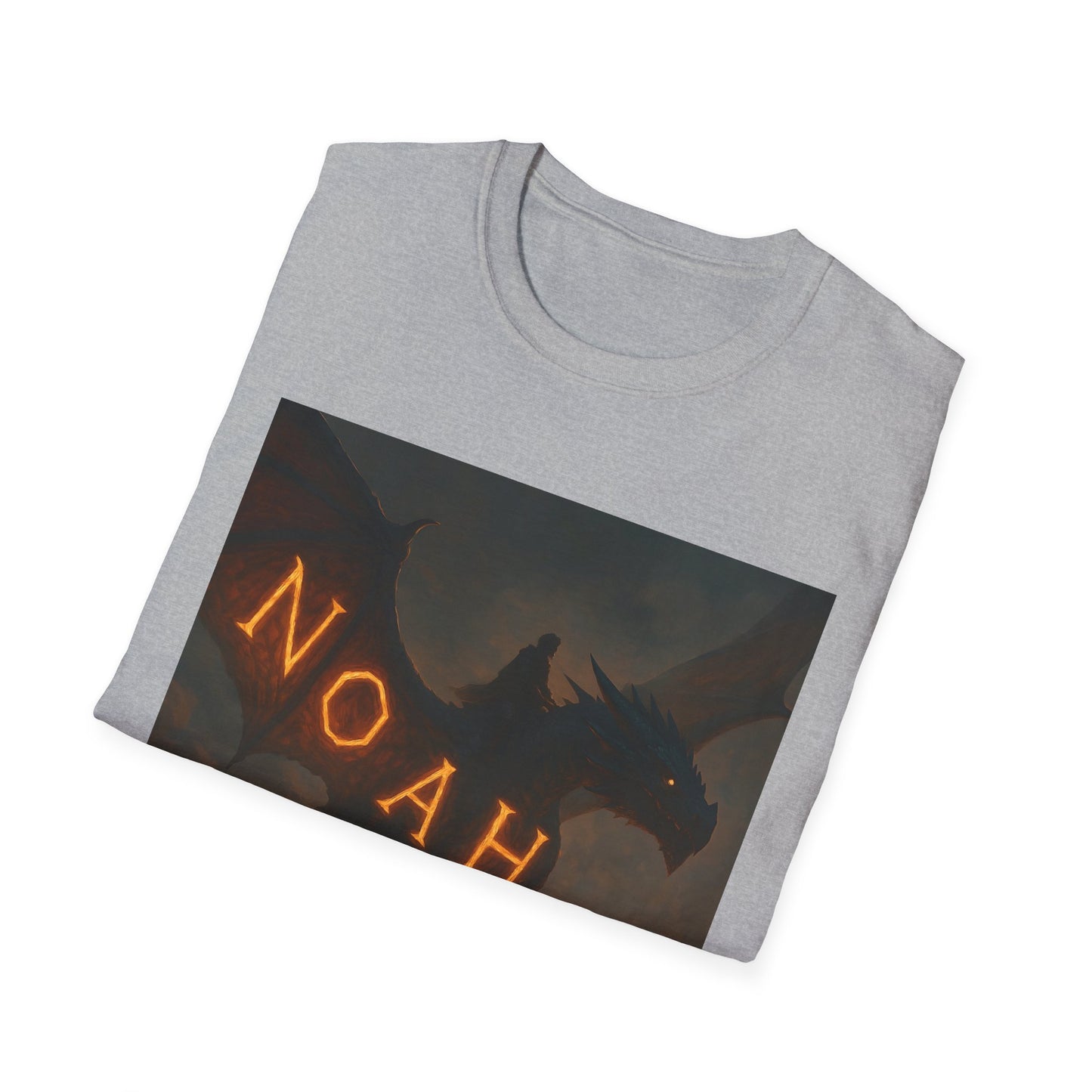 Light gray crewneck T-shirt with a rectangular fantasy graphic of a dragon and glowing orange letters spelling NOAH.