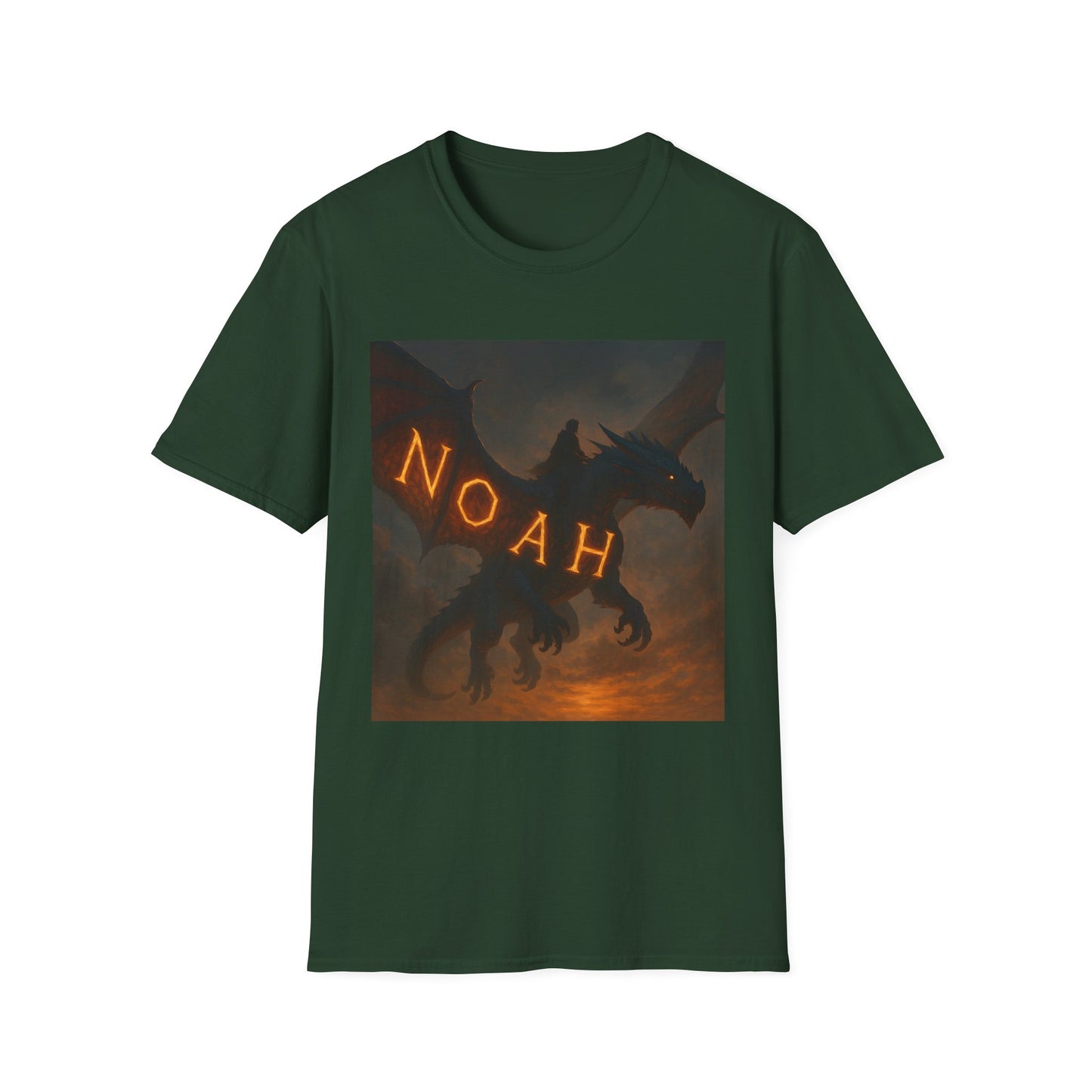 Green short-sleeve tee featuring a square graphic of a dark dragon against an orange sunset, with glowing letters spelling NOAH.