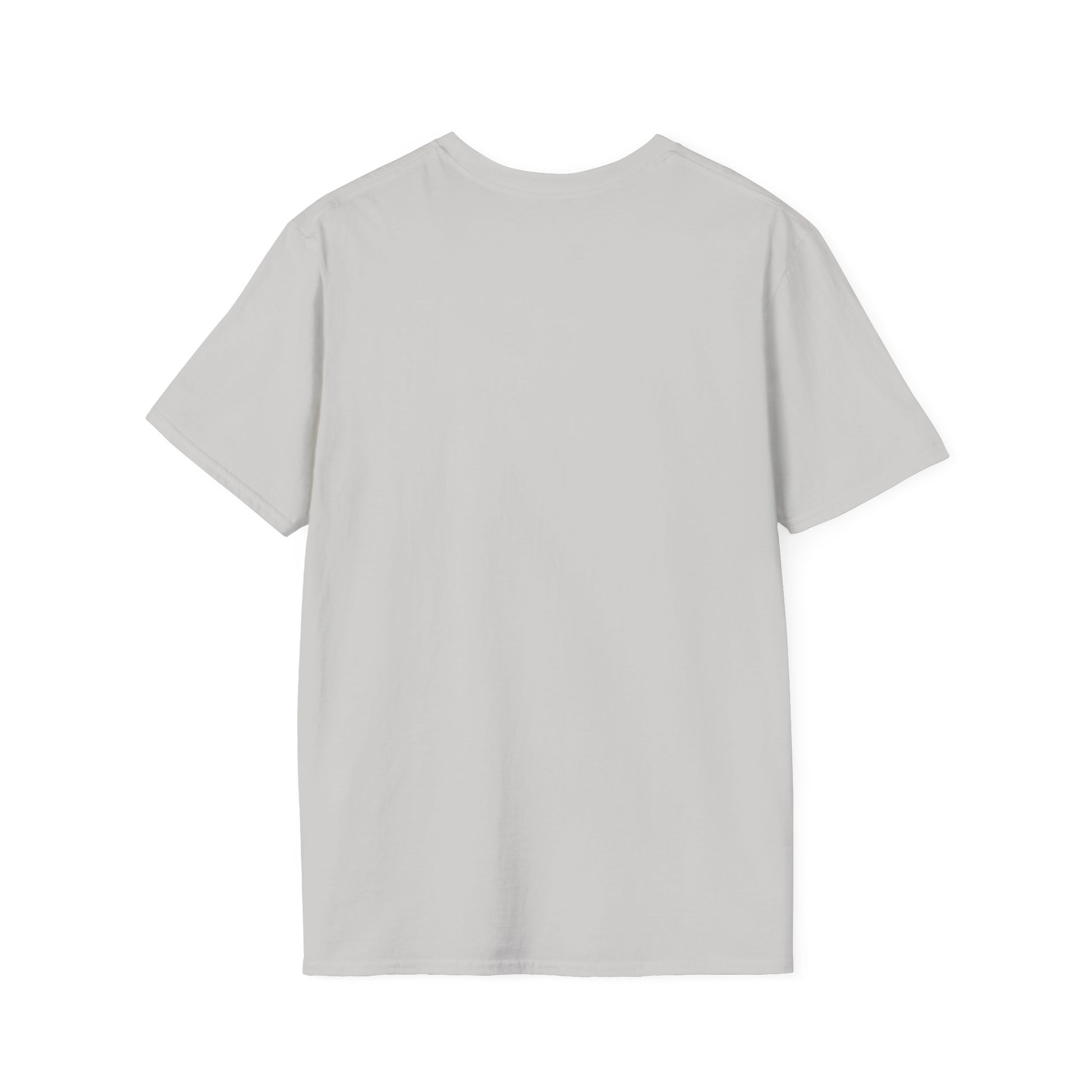 Back view of a light gray short-sleeve T-shirt laid flat on a white background.
