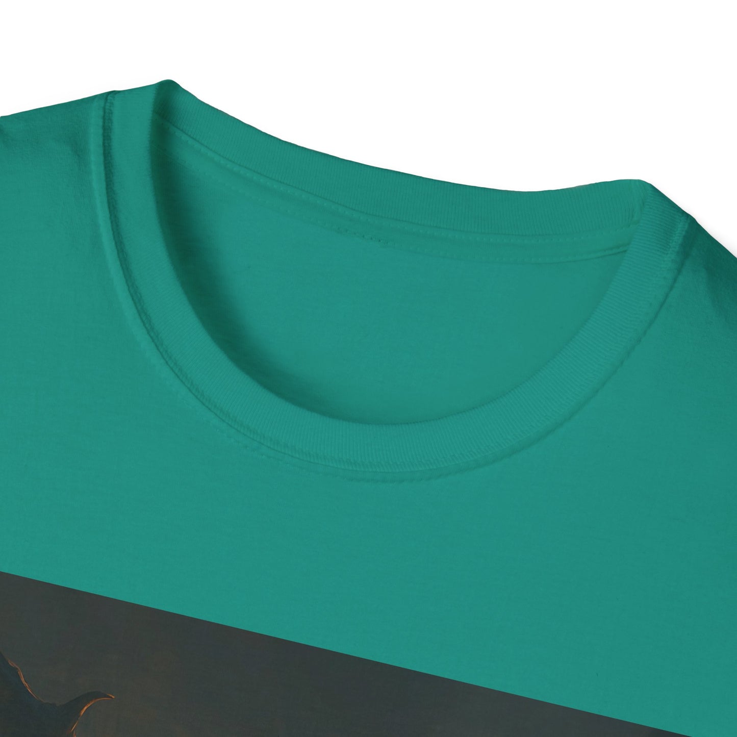 Close-up of a teal crew-neck T-shirt neckline, showing smooth fabric and stitched collar.
