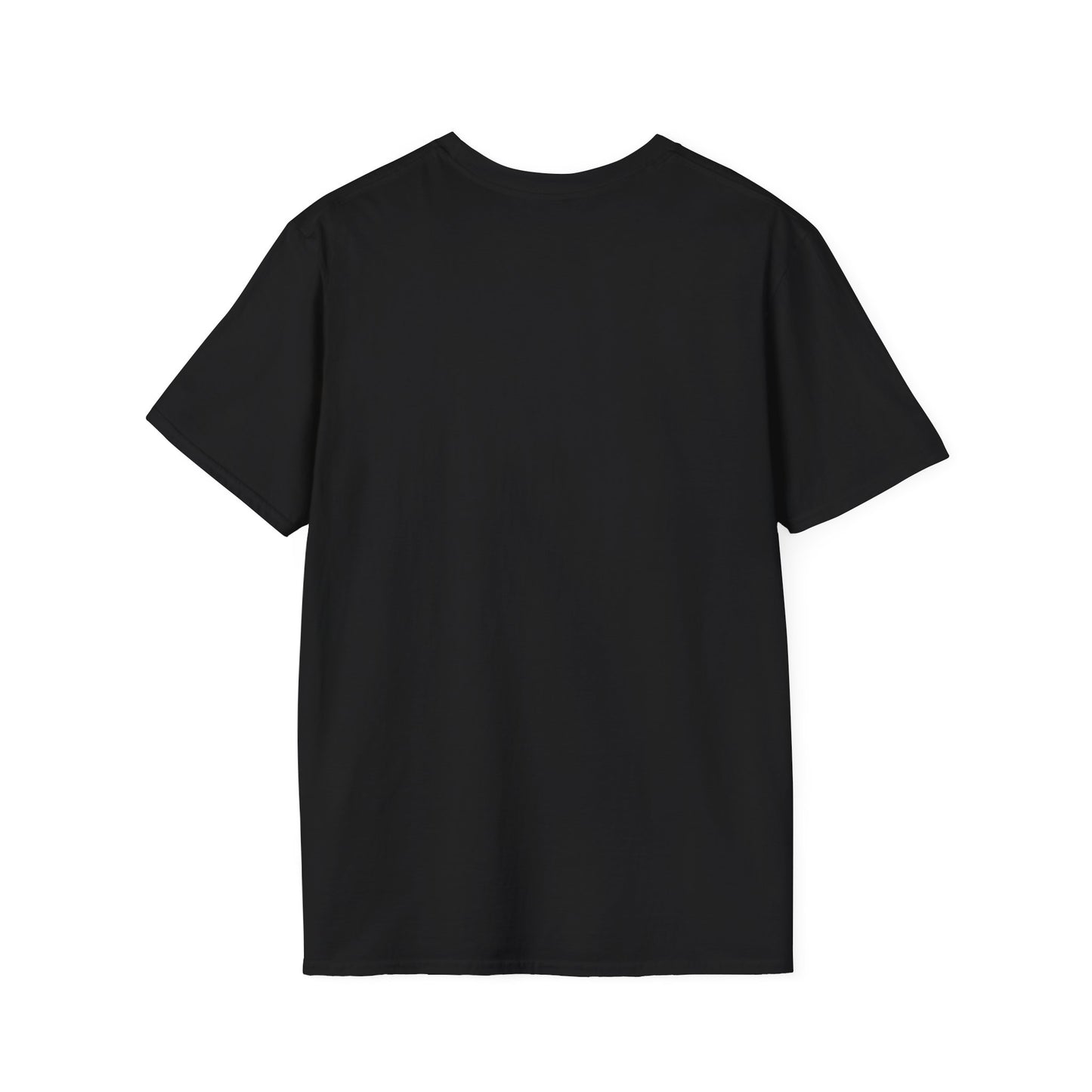 Back view of a plain black short-sleeve T-shirt, showing no logos or patterns.