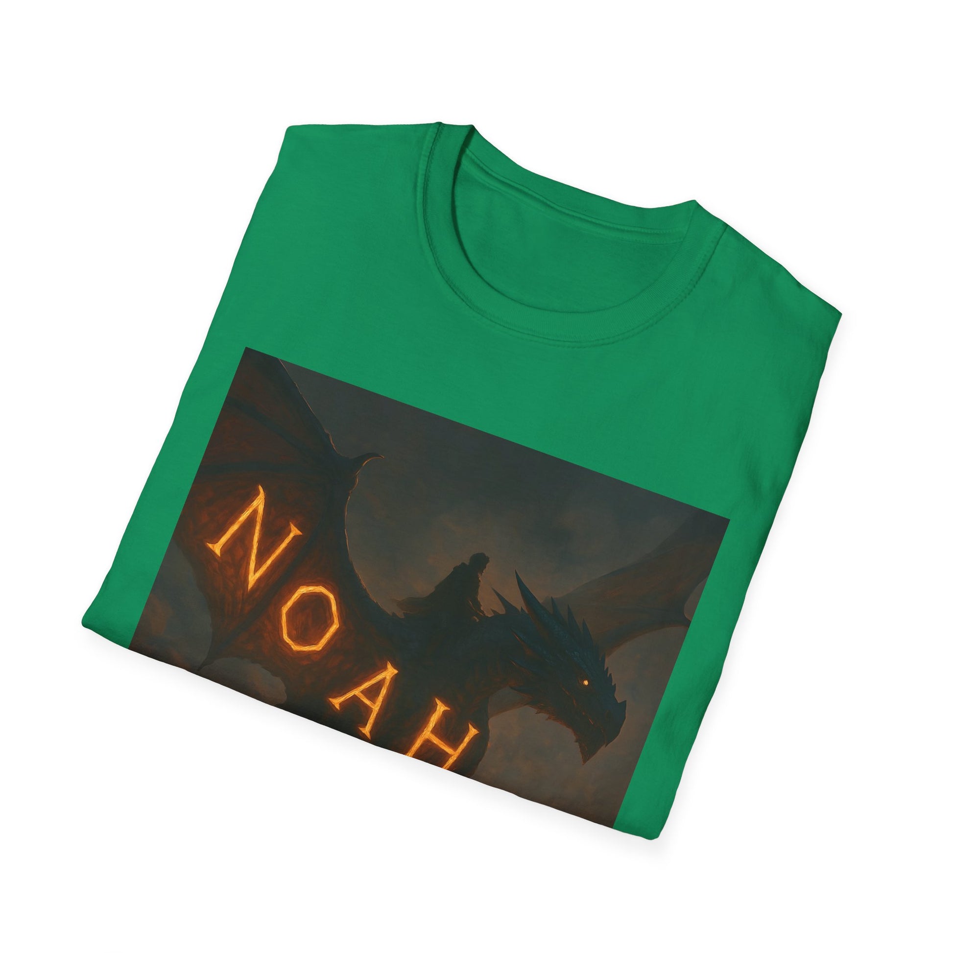 Green T-shirt featuring a dark fantasy illustration of a dragon with orange glowing runes along its side.