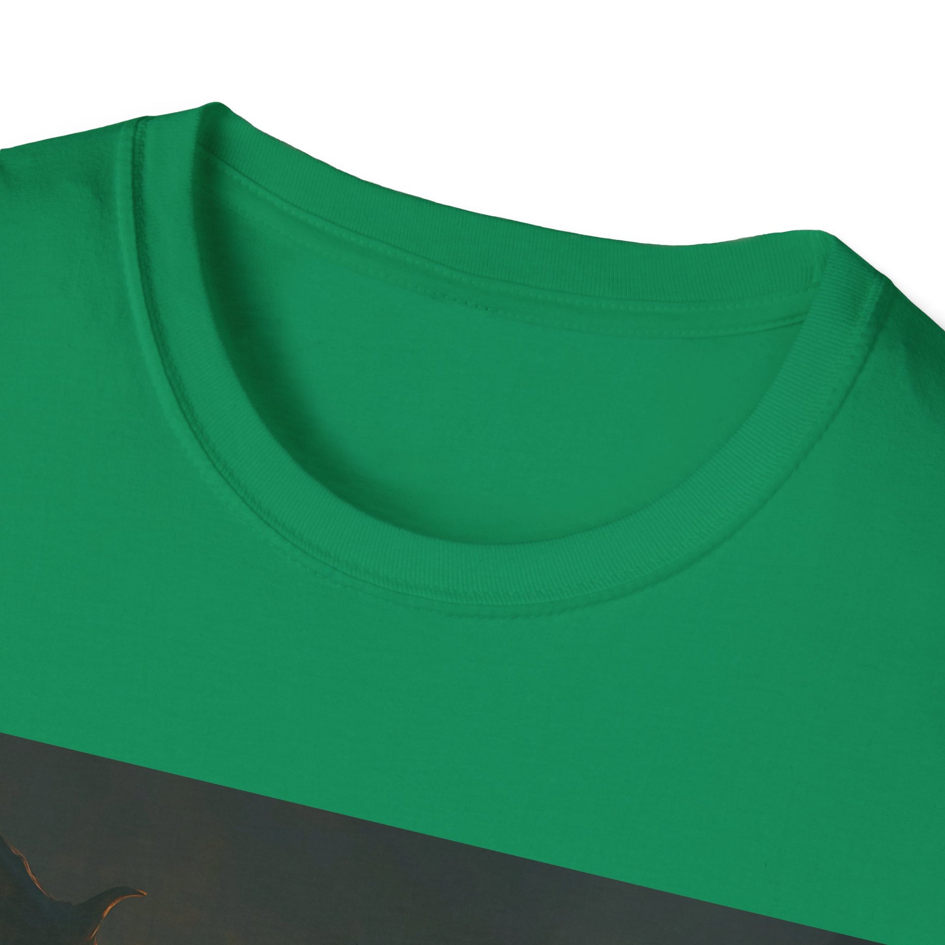 Close-up of a bright green crew-neck T-shirt, showing ribbed collar and smooth fabric.