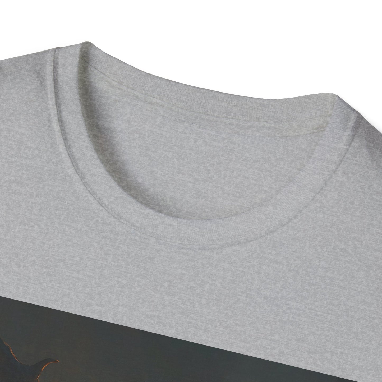 Light gray heather crewneck T-shirt neckline close-up of fabric.