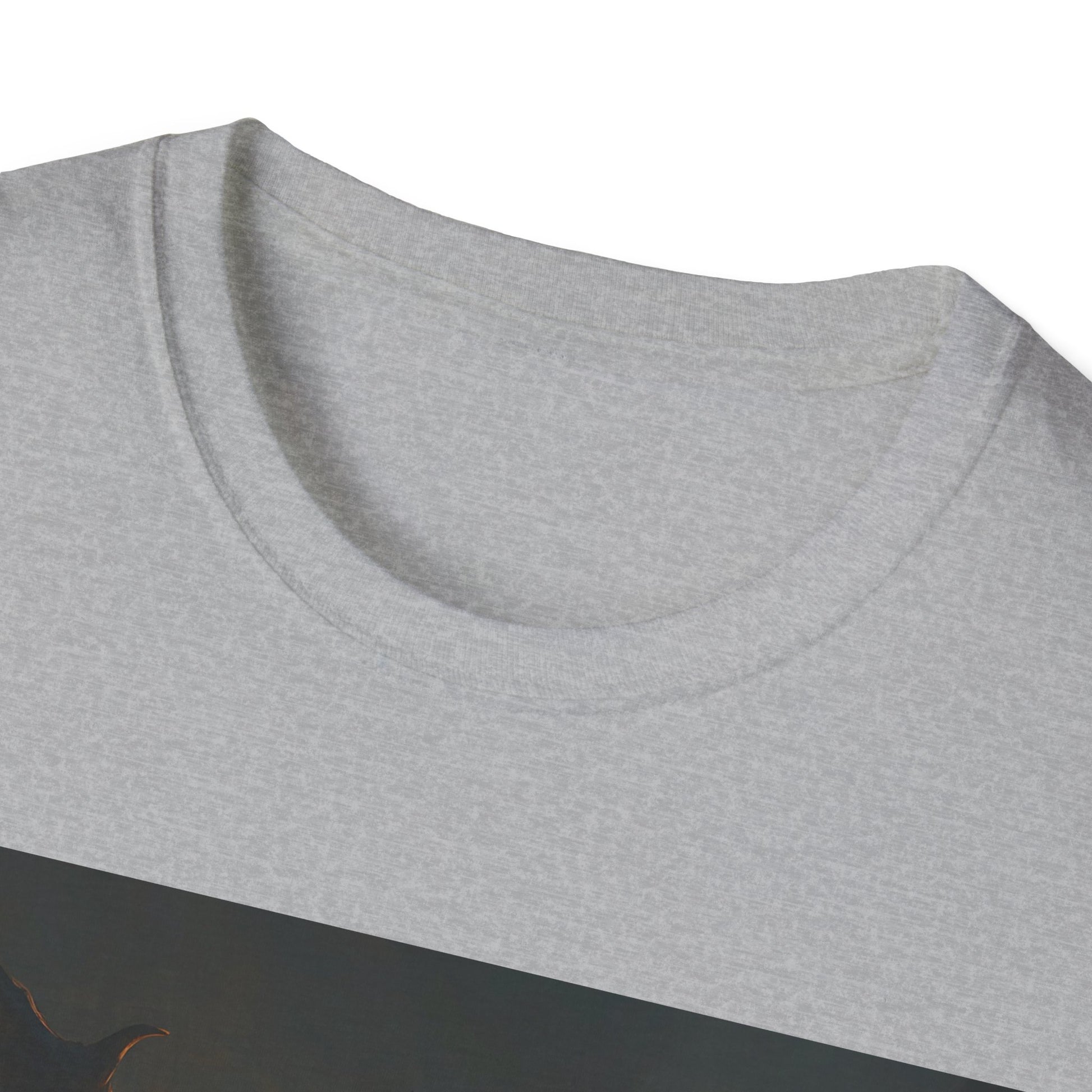 Light gray heather crewneck T-shirt neckline close-up of fabric.